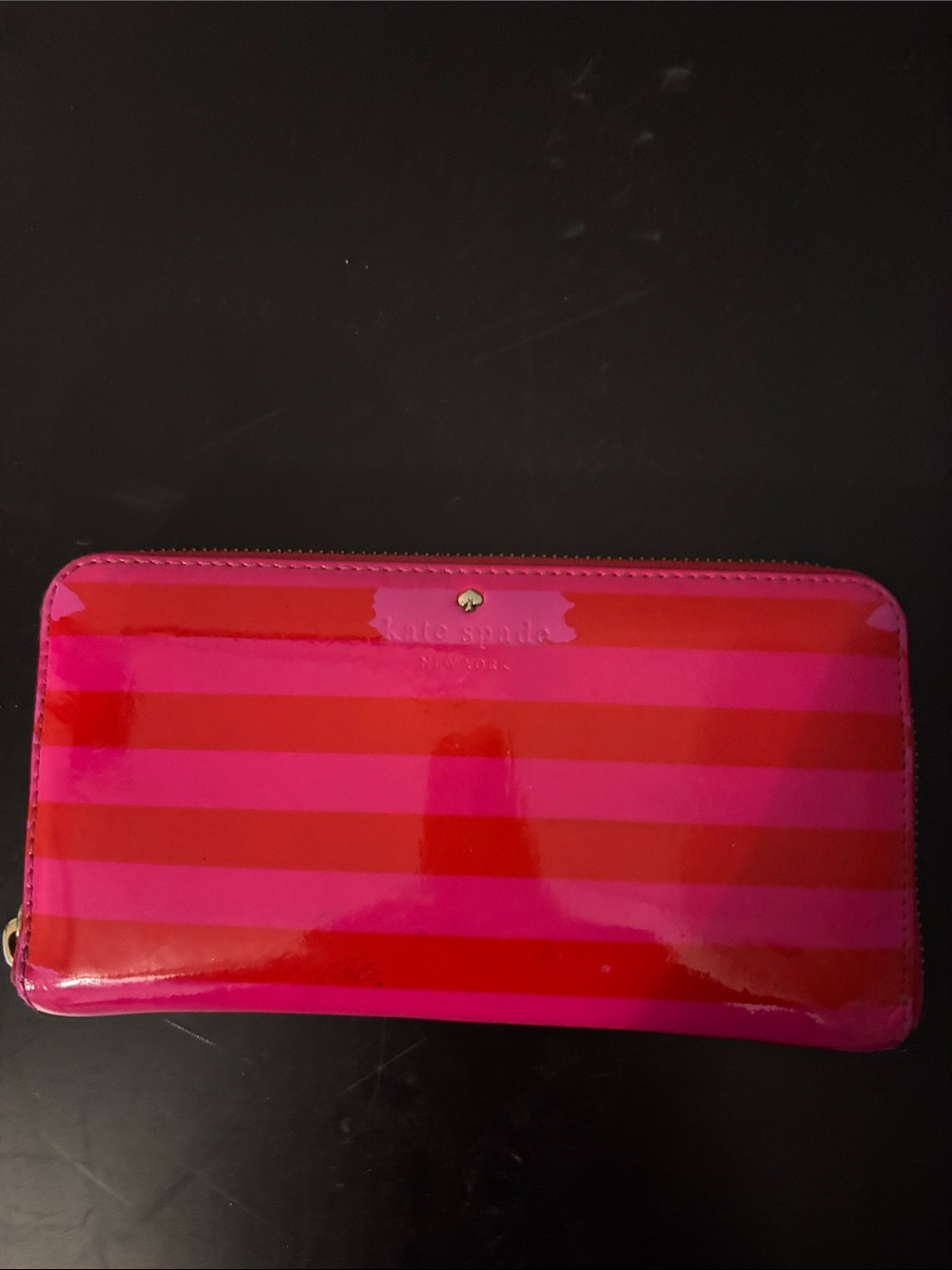 kate spade Pink and Red Striped Patent Zip Wallet